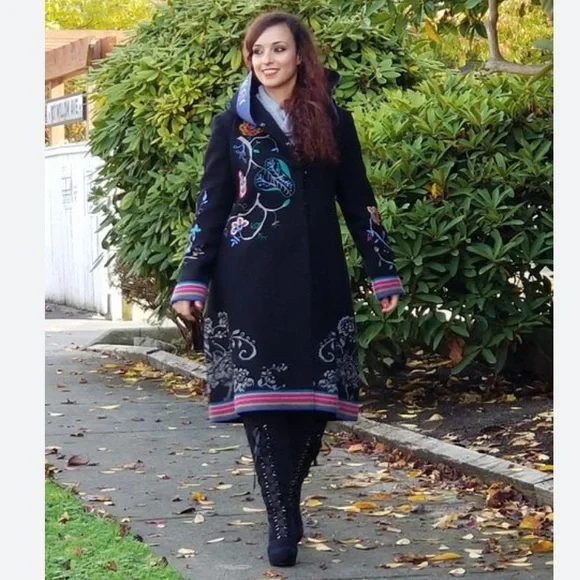 IVKO Black Wool Embroidered Hooded Coat.  Size 40. - Picture 3 of 15